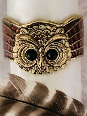 Golden Owl Motif Wide Hinged Bracelet with Brown Enamel Accents